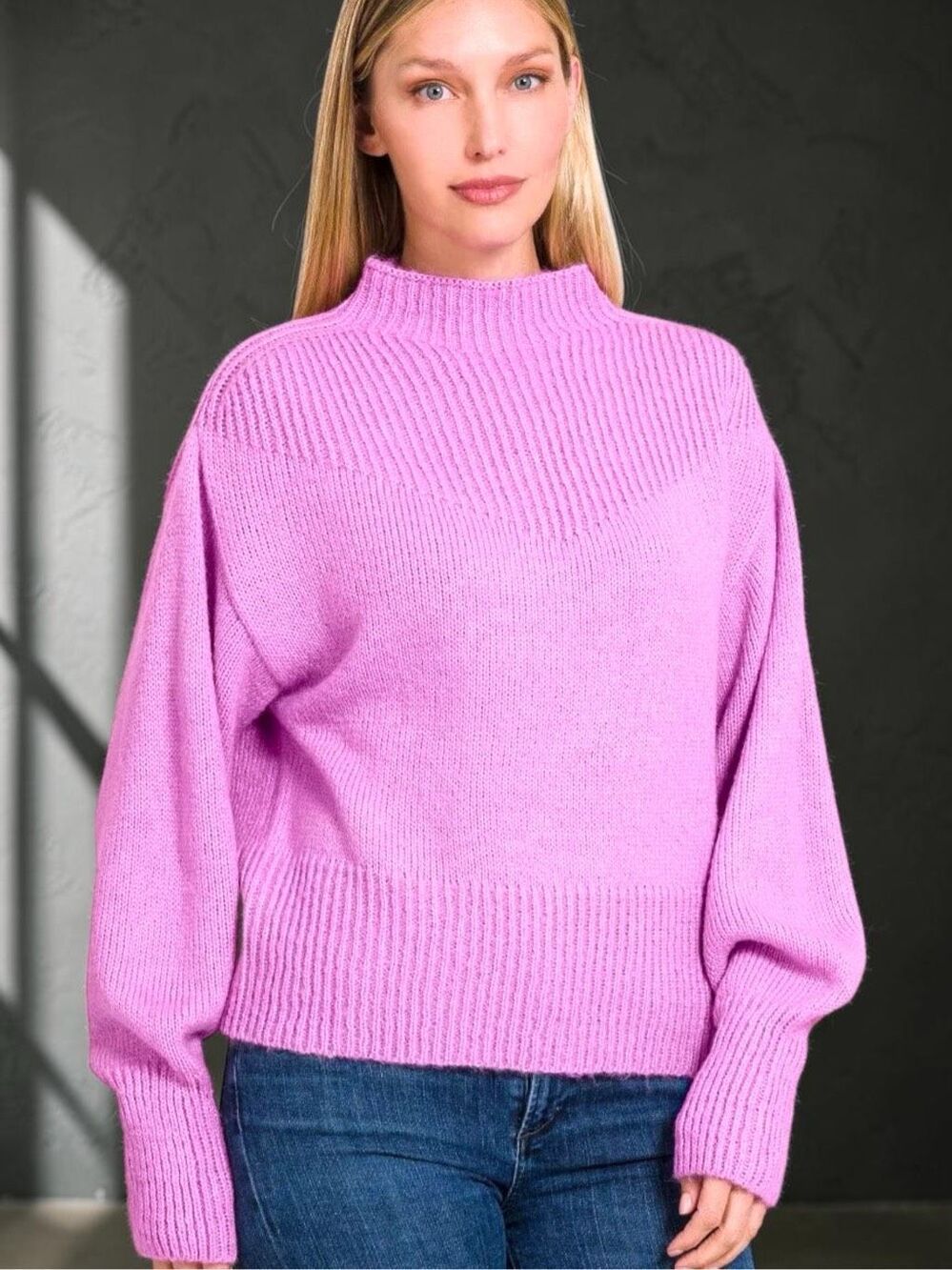Zenana Pink Purple Balloon Sleeve Mock Neck Sweater Ribbed Knit Pullover NWT - Picture 3 of 8